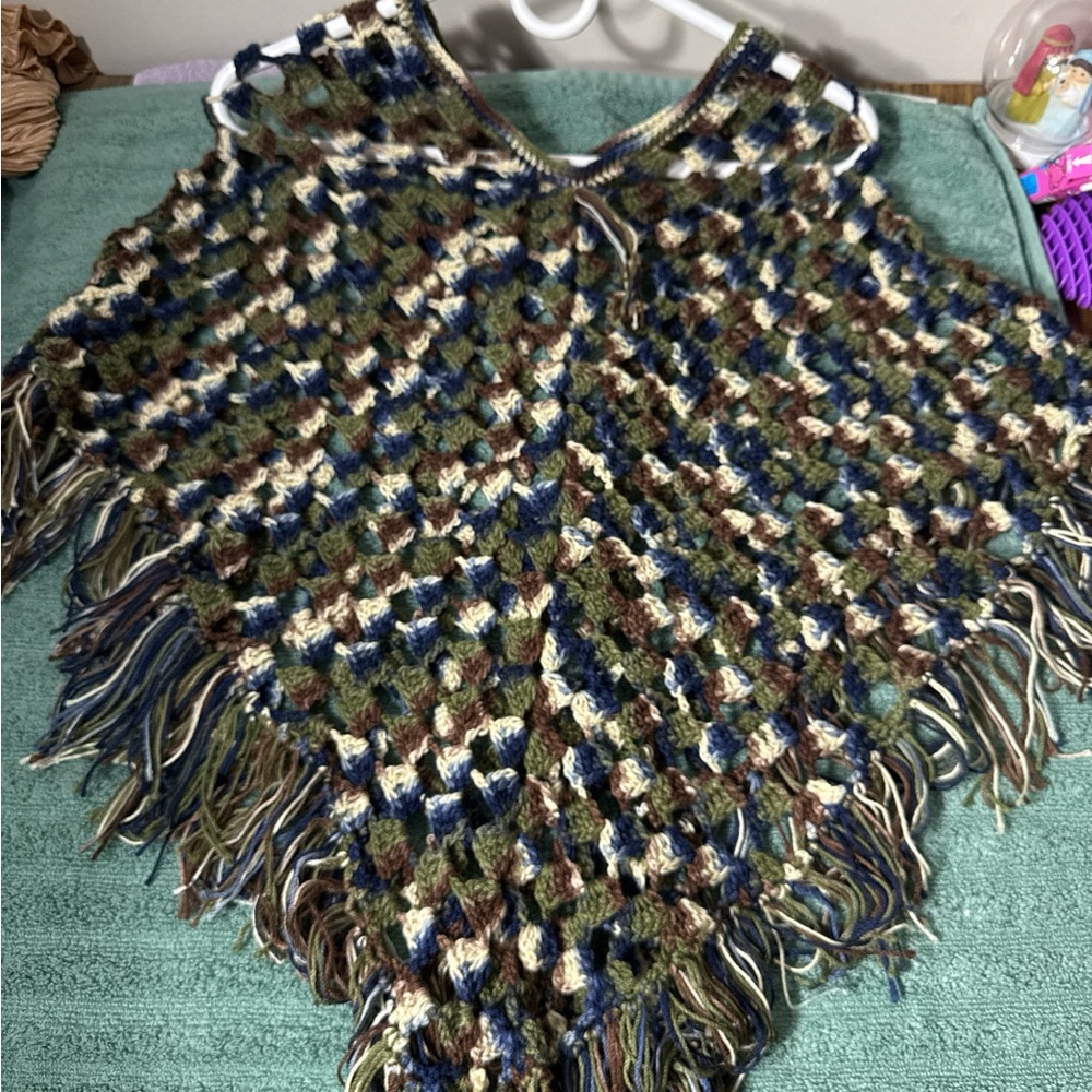 Multicolor Crochet Poncho with Fringe